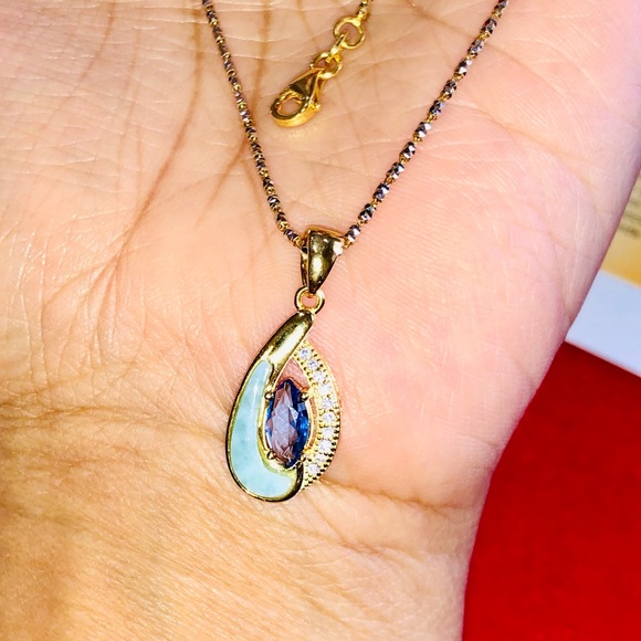 Natural Tanzanite w/ Natural Larimar beautiful Turkish 14k gold vermeil pendant - Picture 5 of 11